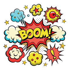 Cartoon comic sign burst clouds. Speech bubble, boom sign expression and pop art text frames. Comics mem expressions speech, superhero book bubbles label. Isolated vector symbols set 