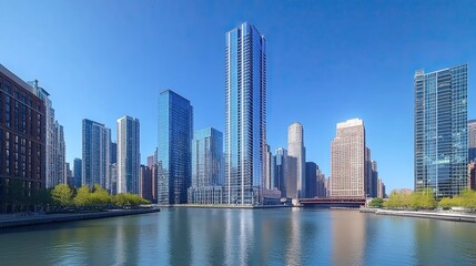 Fototapeta premium Cityscape view of chicago skyline with skyscrapers reflecting in the river under clear blue sky