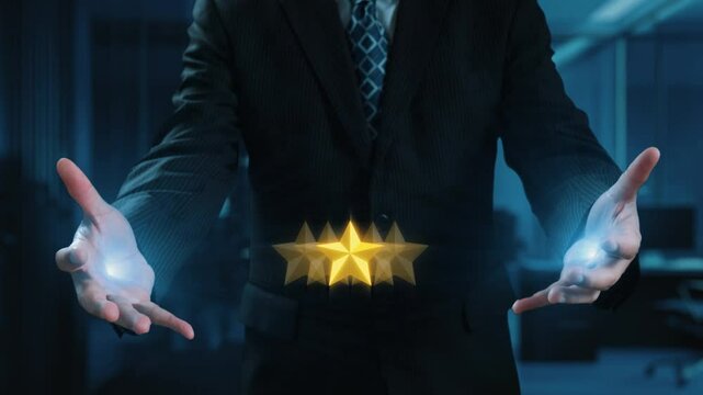 A business professional displays five golden stars with chat bubbles, symbolizing customer feedback and service quality. A modern office setting enhances this visual concept. Qubit