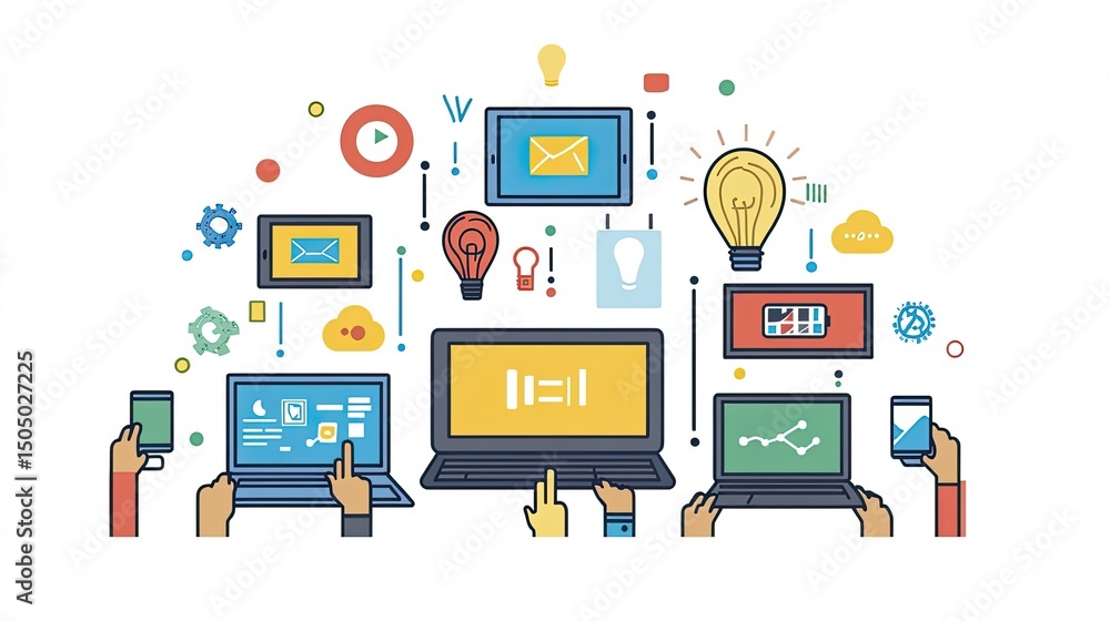 Poster illustration of hands using laptops and smartphones with various icons and lightbulbs floating aroun