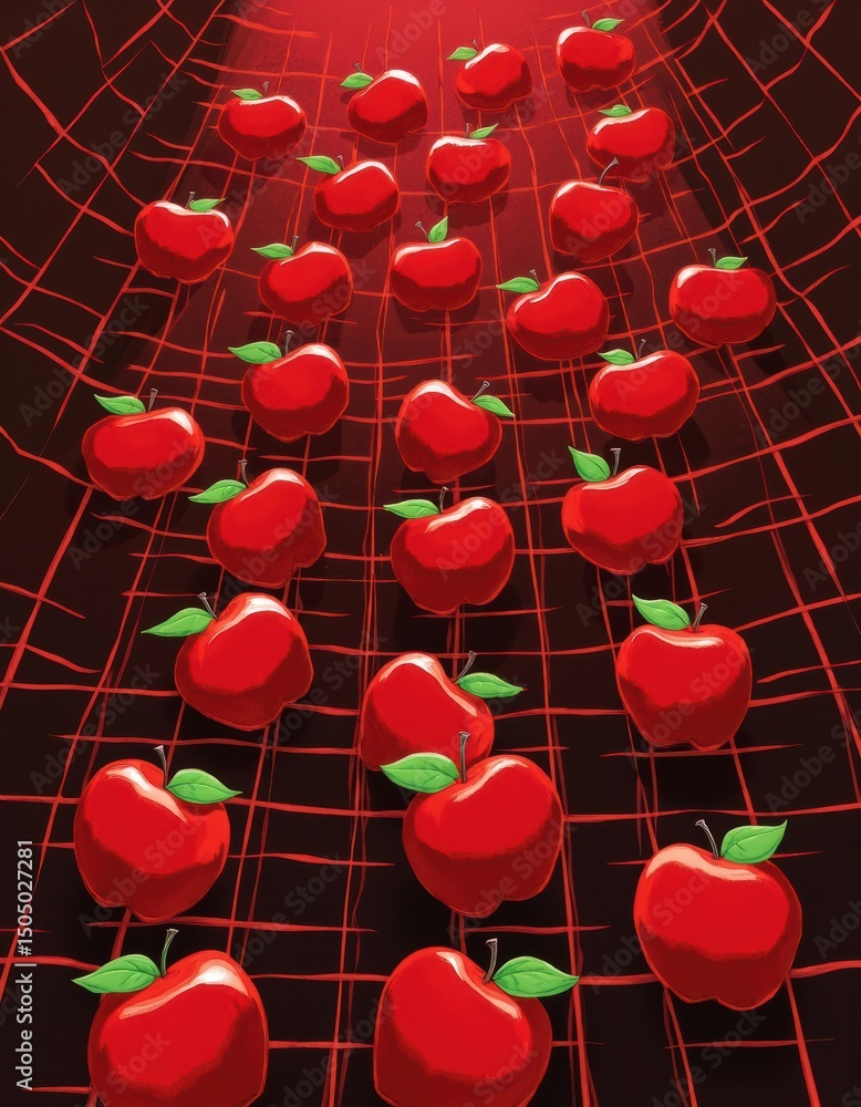 Poster endless apple icons rotating on a deep red grid background