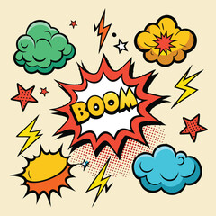 Cartoon comic sign burst clouds. Speech bubble, boom sign expression and pop art text frames. Comics mem expressions speech, superhero book bubbles label. Isolated vector symbols set 