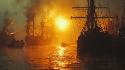 Vintage Ships in Golden Sunset with Dramatic Smoke and Fog Effects