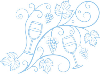 Elegant wine-themed line art with swirling grapevine elements and wine glasses, perfect for vineyard branding, festive invitations, winery labels, or artistic celebration  and design.