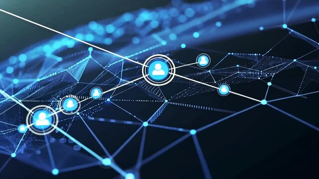 An abstract network of interconnected glowing blue nodes with avatar icons, connected by white lines against a dark background