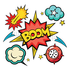 Cartoon comic sign burst clouds. Speech bubble, boom sign expression and pop art text frames. Comics mem expressions speech, superhero book bubbles label. Isolated vector symbols set 