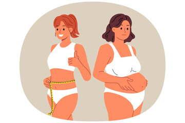 Slender woman fitness trainer stands near client suffering from obesity and shows thumbs up, promising quick weight loss. Female fitness trainer with measuring tape in hands, proud of achieved result