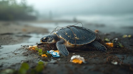 Sea Turtle Struggling on Beach Surrounded by Marine Debris