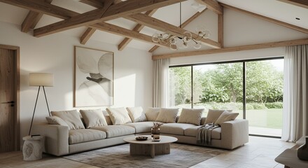 Fototapeta premium Sunlit Living Room with Exposed Beams and Sectional Sofa