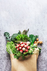 Healthy vegan eating, cooking, shopping. Eco fiendly paper bag with fresh vegetables, herbs, mushrooms, asparagus, radish, broccoli from local farm market. Food background