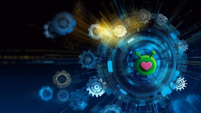 Futuristic digital interface with gears and a heart symbol, showcasing technology in action - Powered by Adobe