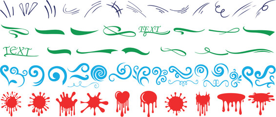Abstract decorative line art, swirls, ink splatter, text divider, and heart drip elements. Perfect for design, tattoo, ornament, or comic effects vector illustration with artistic motion style