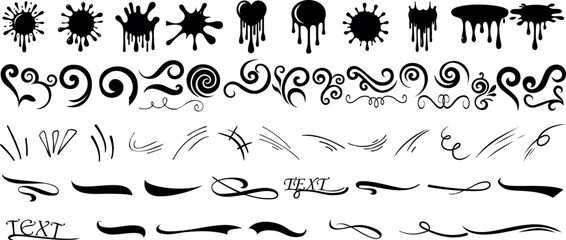 Ink splatter, swirl ornament, and decorative flourish vector set perfect for tattoo design, graphic decoration, or vintage silhouette style elements ideal for creative and artistic projects