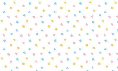 影に斜線が入った丸、三角、四角のカラフルな図形の模様