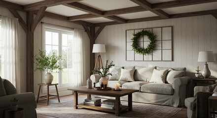 Fototapeta premium Sunlit Farmhouse Living Room with Wooden Beams and Wreath