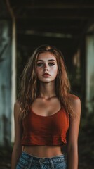 A young woman with long brown hair looks directly at the camera with a soft, dreamy expression.