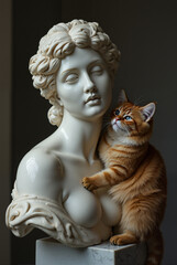 Classical statue with calm orange cat