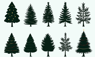 Obraz premium Set of ten flat minimalist black Christmas tree silhouettes with varied needle styles and decorative elements suitable for holiday design and festive backgrounds
