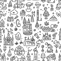 Seamless hand drawn doodle pattern with castles towers unicorns magical creatures fantasy elements and stars black and white vector illustration