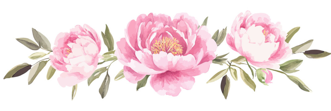 Elegant pink peony flowers arrangement with green leaves watercolor style delicate floral vector illustration for wedding and engagement design elements - Powered by Adobe