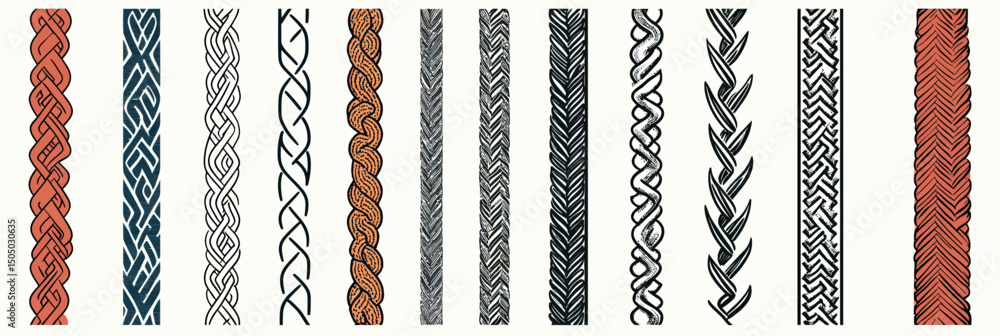 Poster set of seamless braided vector borders decorative linear ropes with interwoven patterns in flat mini