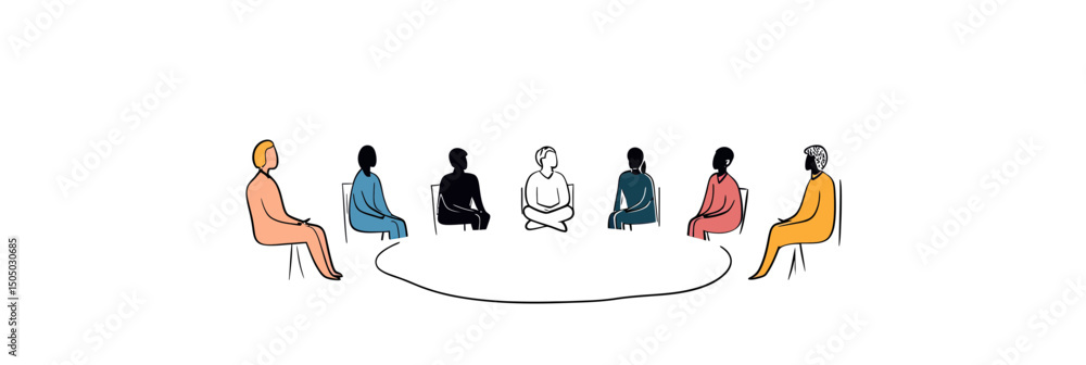 Poster group of diverse people sitting in circle for discussion with simple line art and minimalist vector 