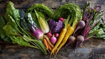 Fresh vegetables arranged in a heart shape on a wooden surface, symbolizing love for healthy and natural food.
