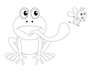 Cartoon Frog Catching a Fly with Long Tongue Coloring Page
