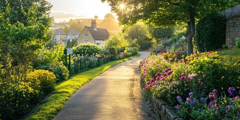 A sunlit pathway winding through a small countryside town, flanked by flower-filled gardens