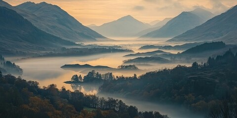 A sunrise scene where mist cascades over a vast mountain range, creating a mystical effect