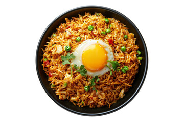 Spicy fried rice Nasi Goreng garnished with fresh green onions and topped with fried egg in bowl, isolated on white transparent backdrop