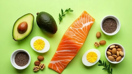 Top View of Salmon, Avocado, Eggs, and Nuts – Balanced Keto Diet Food Layout