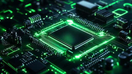 Obraz premium Macro Photorealistic Circuit Board with Neon Green LED Glow