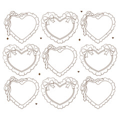 Brown Line Art Heart Frames with Lace and Bows on Black Background – Elegant Vintage Valentine Digital Pattern