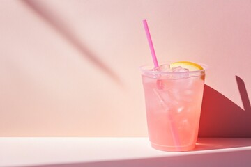 Refreshing pink lemonade in clear cup with lemon slice and straw  