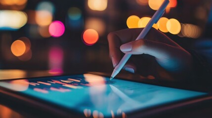 Hand using tablet at night