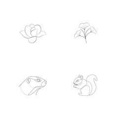 Simple botanical illustrations featuring a flower a leaf and two cute mammals in line art style