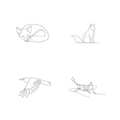 Minimalist line art depicting a fox raven and grasshopper in a collection of wildlife illustrations