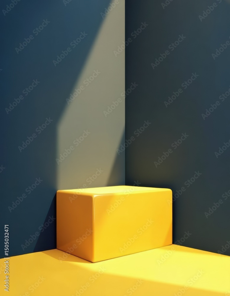 Poster empty yellow corner pedestal casting soft shadows in a minimalist setting