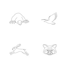 Simple outlined drawings of wild animals including mole bird hare and raccoon