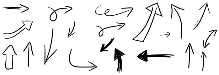 illustration: hand drawn sketch pencil drawing many different arrow element set, graphic vector pen scribble icons isolated on white or transparent png