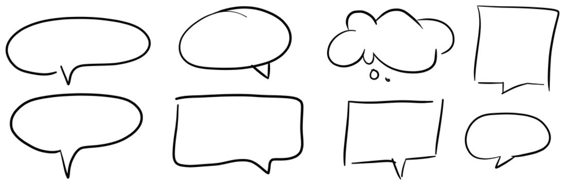 illustration: hand drawn speech bubble or mind thinking clouds, vector pen sketch drawing isolated on white or transparent png