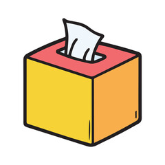 Colorful tissue box with open tissue in a simple, graphic design. A basic box design with a piece of tissue protruding from a cutout opening. Simple design for public use.