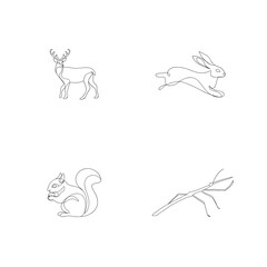Simple minimalist line drawings of a deer rabbit squirrel and praying mantis set