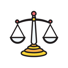 Justice scales graphic in a color illustration style. Depicts balanced scales with a simple, yet detailed illustration.