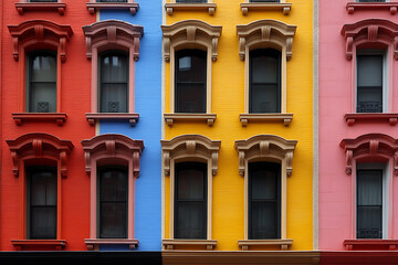 Colorful architecture featuring red, blue, yellow, and pink brick buildings with decorative window frames; urban diversity.