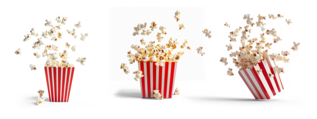 Popcorn flying out of red white striped paper box isolated on white background with copy space. Splash, levitation of popcorn grains , png on transparency background