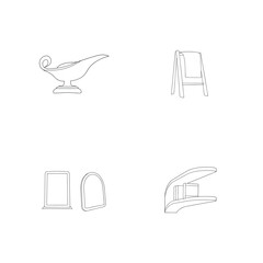 Collection of detailed line art illustrations depicting various household objects and furnishings