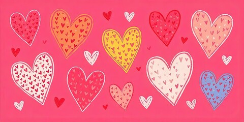 Chalk-Style Colorful Hearts on Dark Pink Background – Hand-Drawn Love Illustration