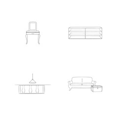 Collection of minimalist furniture outlines including a dresser couch shelf and bar setting